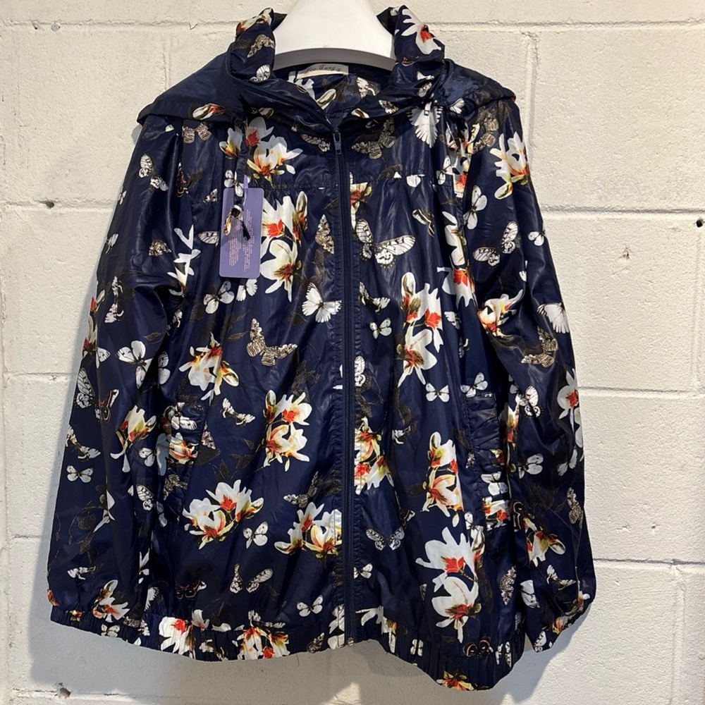 Lee Fung women’s windbreaker hooded jacket blue white floral butterflies size L